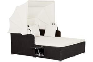 RELAX4LIFE Patio Outdoor Daybed with Canopy, Wicker Sunbed w/Cushions, 4 Pillows & 2 Retractable Side Trays, 2-Person Lounge Bed Conversation for Poolside Porch Garden, Rattan Outdoor Bed (Off White)