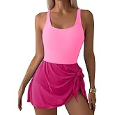 Aleumdr One Piece Swimdress Swimsuit for Women Tummy Control with Mesh Skirt Tie Knot Swim Dresses Bathing Suit