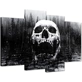 iHAPPYWALL Halloween Day of Dead Skull in Dark Foggy Lake Abstract Black and White Contemporary Picture Print 4 Panel Large Canavs for Modern Home Decoration Ready to Hang