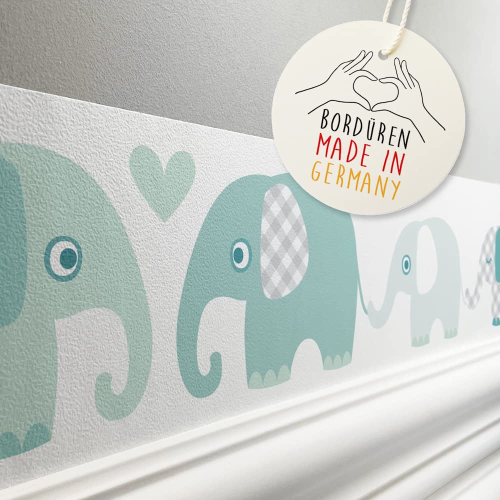 lovely label Wallpaper Border for Kids - Elephant Wall Stickers for Children's Playroom or Bedroom in Mint-Grey - Self-Adhesive Wall Border Stickers - Wall Decal and Stickers for Children