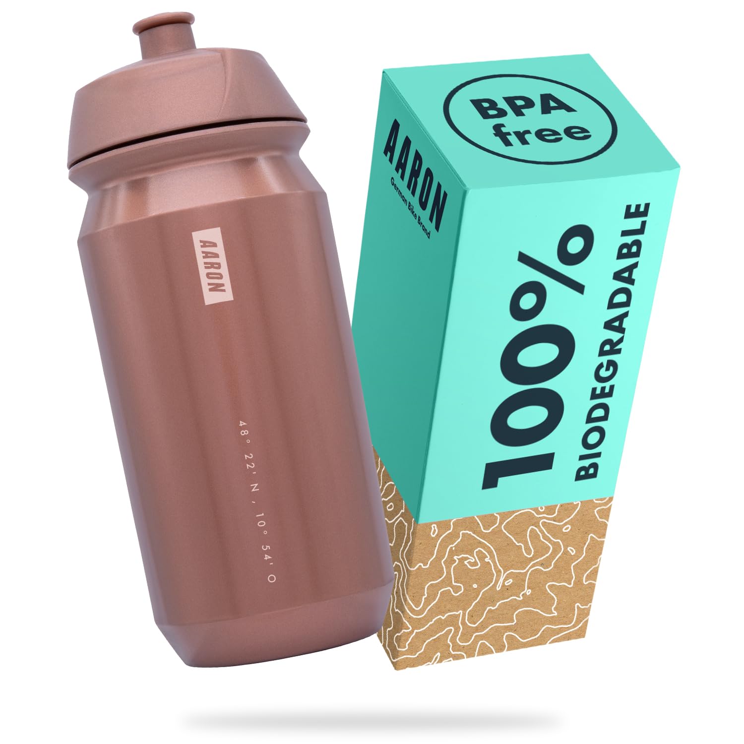 AARON ECO Water Bottle, 100% Biodegradable, 500 ml, Lightweight and Leak-Proof, Practical BPA-Free Water Bottle for Sports, Fitness, Hiking, Outdoor in Bronze