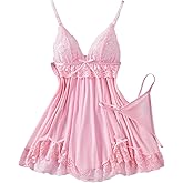 OYOANGLE Women's 2 Piece Babydoll Lingerie Set Lace Mesh Chemise Nightgown and Thongs Sleepwear