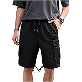 OYOANGLE Men's Elastic Drawstring Waist Cargo Shorts Straight Leg Flap Pocket Shorts Streetwear