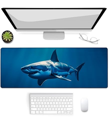 Mouse Pad Shark Gaming Mouse Pad 31.5 X 11.8 Inch, Computer Desk Mat Blue Keyboard Mat With Stitched Edges Waterproof Anti-Slip Rubber Base Smooth Surface For Office Accessories, Gifts 3-C