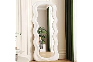 Dewfig Full Length Mirror, 63" x 24"Irregular Wavy Mirror, Large Floor Length Mirrors Wall Mounted, Standing Wavy Mirrors with Flannel Wrapped Wooden Frame for Bedroom/Living Room, White