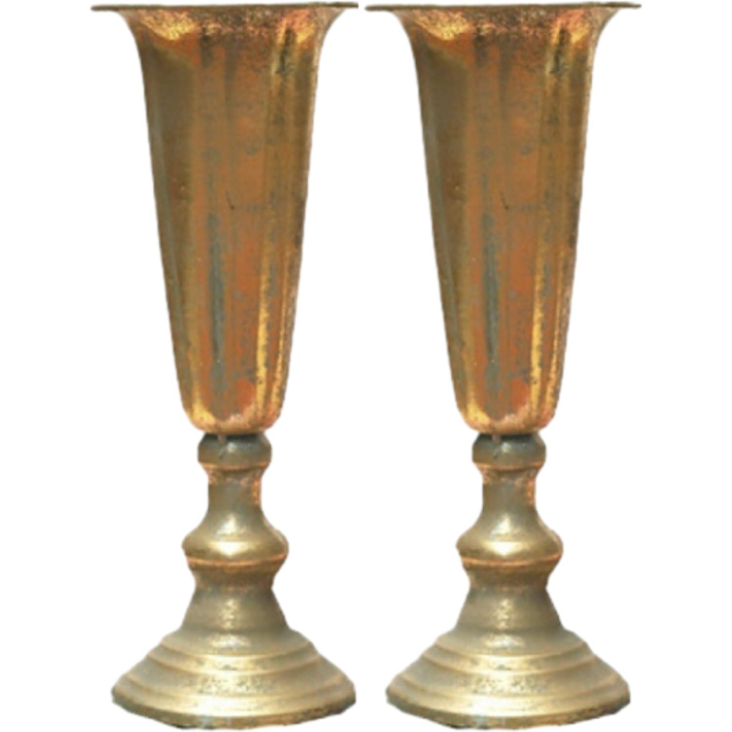 Photo 1 of Ninehaoou 2 Pcs Distressed Gold Compote Vase Metal Decorative Vase 4.5"x13" Champagne Flute Shape Vintage Bowl Table Centerpieces for Wedding Birthday Anniversary Party Indoor Outdoor Tabletop