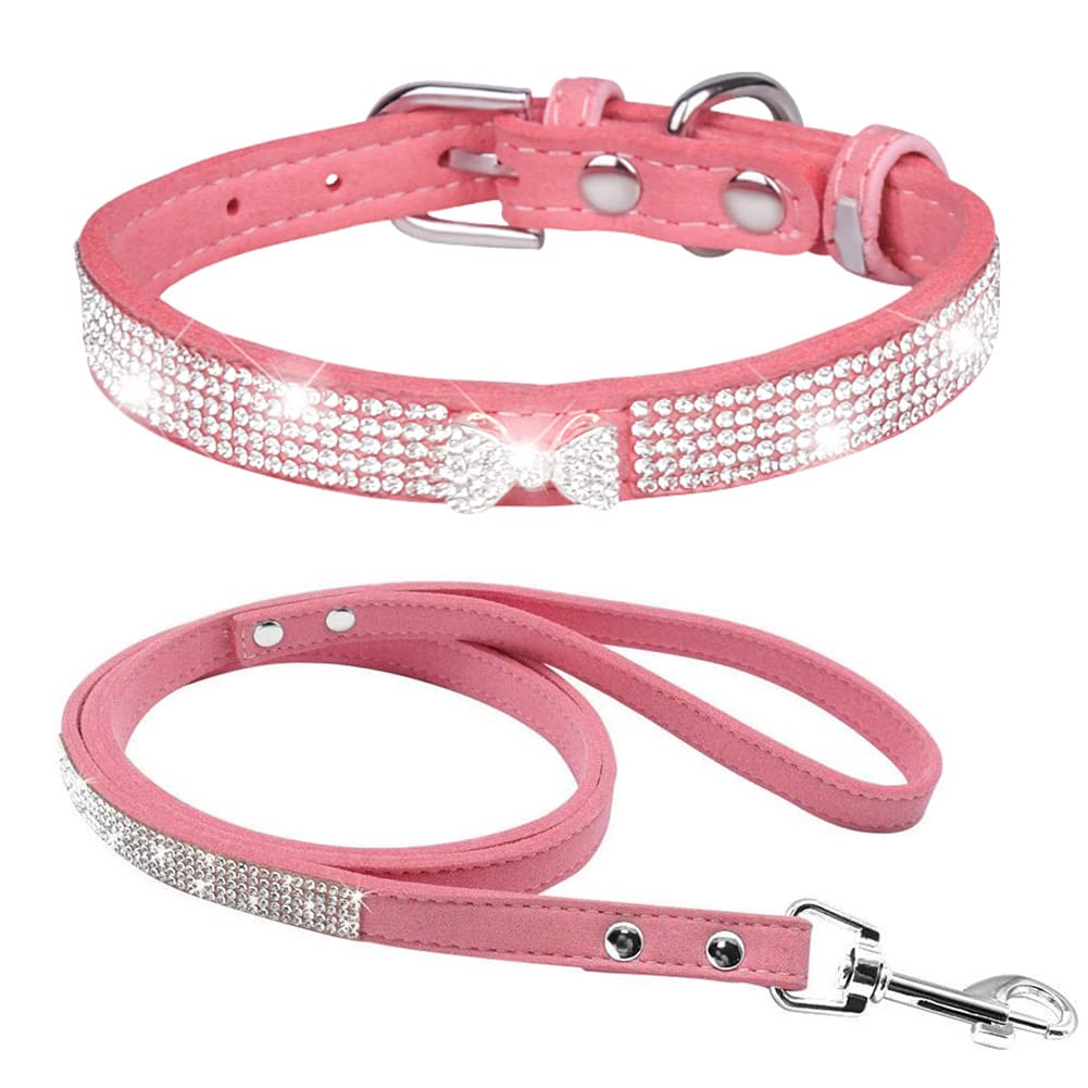 FUNAT Pet Rhinestone Collar Drawstring Set, Dog Bow Tie Collar + Rhinestone Leash, Pet Collar for Cat and Small & Medium Dogs