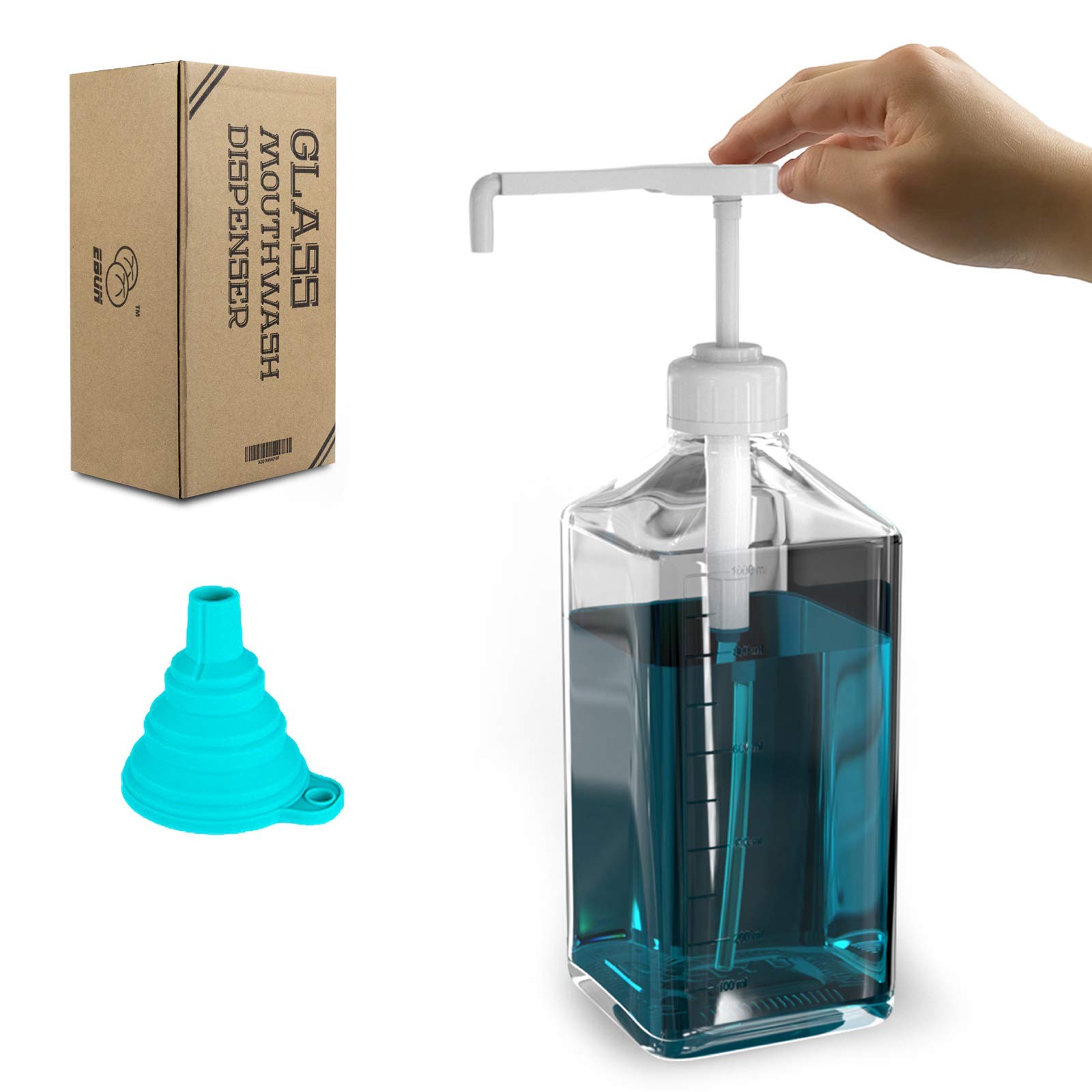 Mouthwash Dispenser Glass Decanter, 37Ounce Mouth Wash Pump Bottle