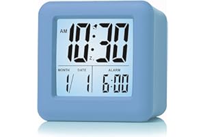 Plumeet Digital Alarm Clock Kids Clock with Snooze and White Nightlight - Easy Setting Travel Alarm Clocks Display Time, Date, Alarm - Ascending Sound - Battery Powered (Baby Blue)