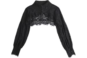 Mrotrida Women's Puff Long Sleeve Fake Collar Tops Lapel Half Top Blouse Hollow Out Eyelash Floral Lace Detachable Collar