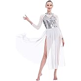 ODASDO Women Lyrical Dance Costumes Sequin Long Sleeve Mesh Tulle Flowy Maxi Long Dress Morden Contemporary Dancewear