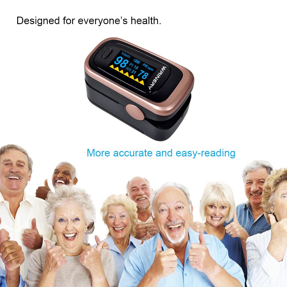 Oxygen Saturation Monitor, Wrinery Premium Pulse Oximeter Fingertip, Oxygen Monitor, O2 Saturation Monitor, OLED Portable Oximetry with Batteries, Lanyard (Rose gold-Royal black)
