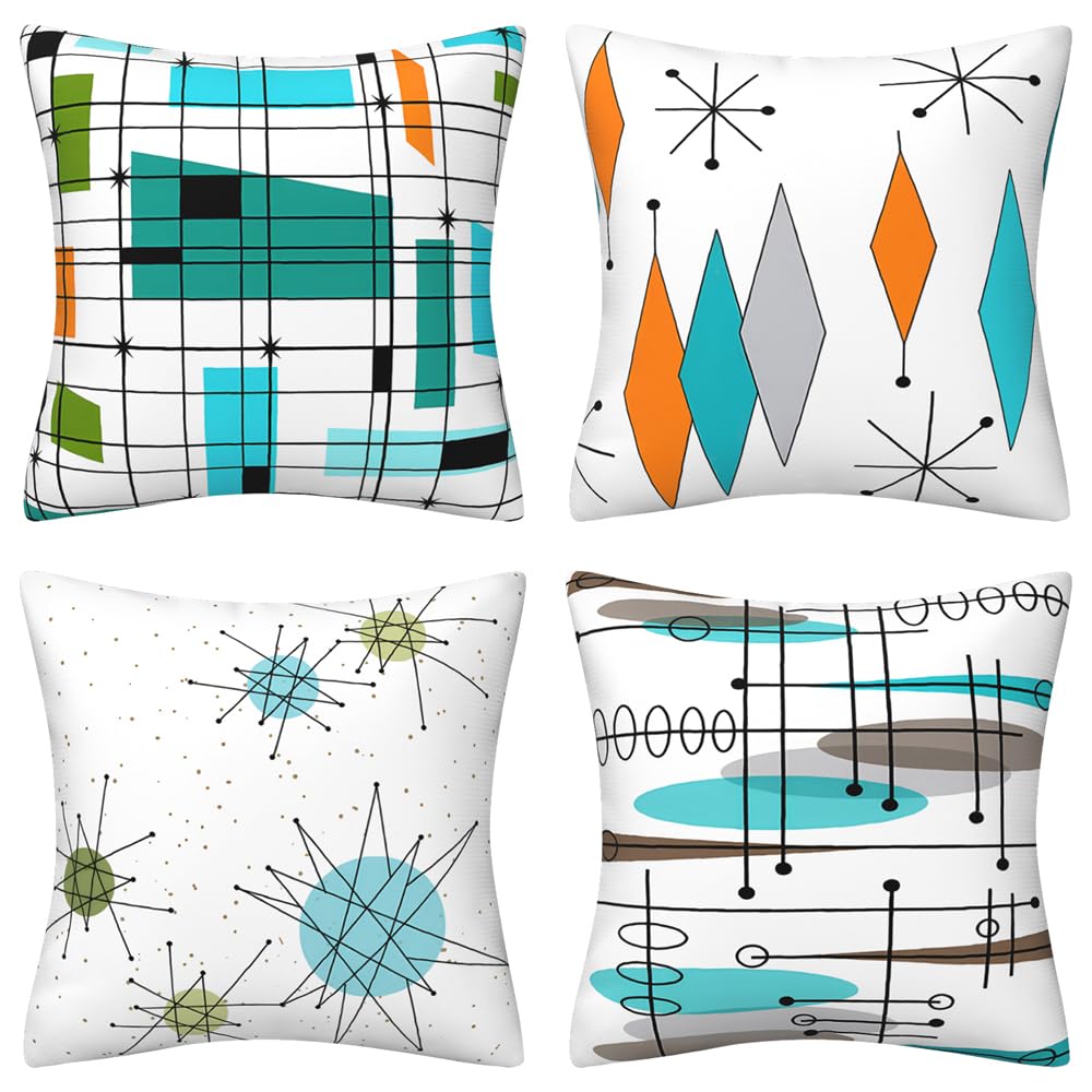 QUALKNOY Velvet Midcentury Cushion Covers 45x45cm Set of 4 Modern Throw Pillow Cover Teal Grid Pillowcase Atomic Stars Bursts Orange Pillow Cases Home Decor Pillowcases