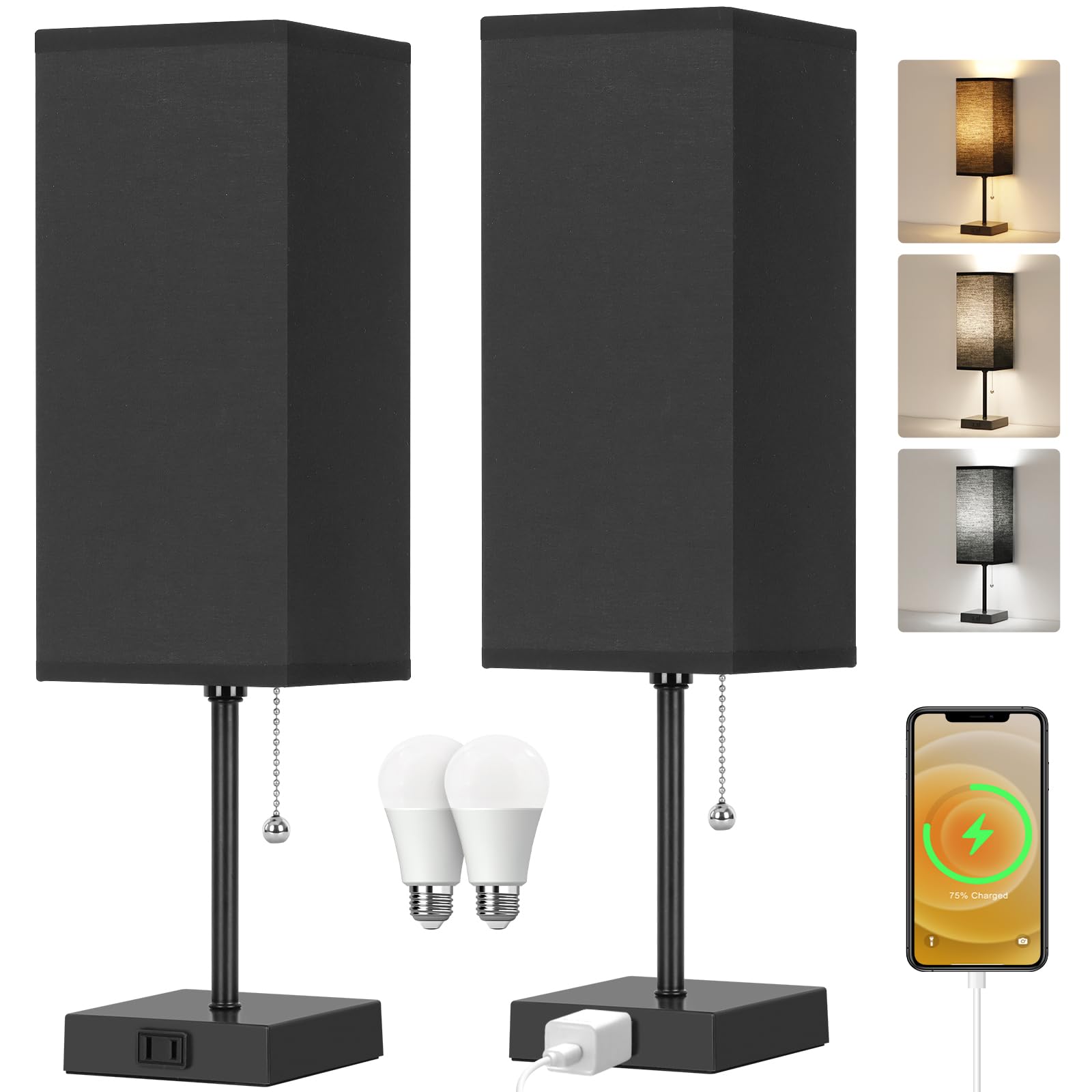 Table Lamp for Bedroom set of 2,3-Color Bedside Lamps with Pull Chain Table Lamps for Nightstand with AC Outlets,18'' Night Light Lamps with 2 Bulbs Lamps for Living Room Kids Office Decor（Black） Image