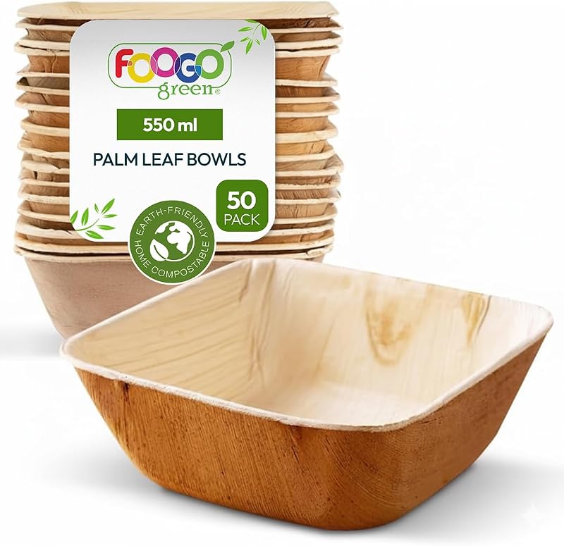 FOOGO Green 50pcs Palm Leaf Bowls 5 inch 550ml Eco Friendly Deep Square