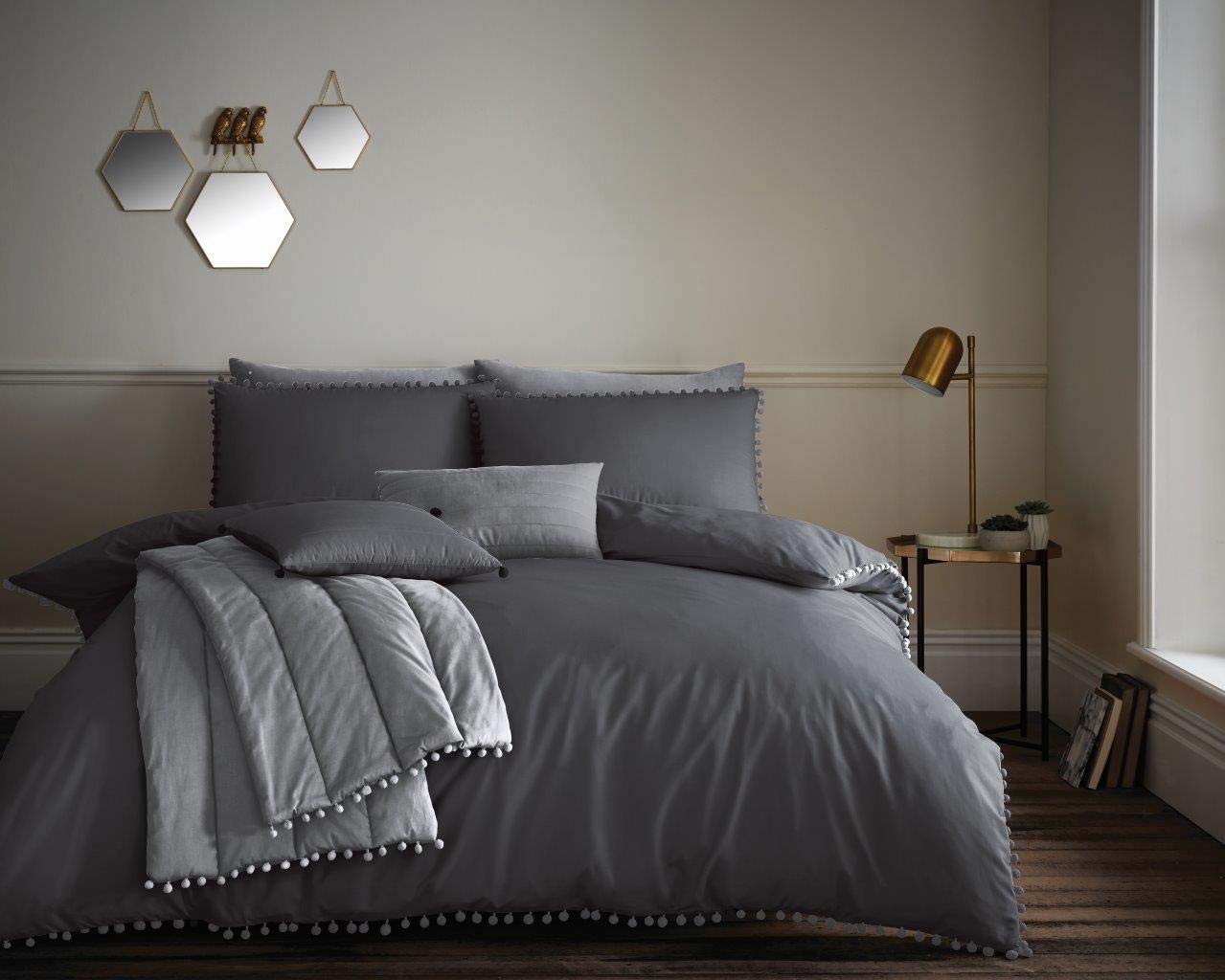 GC GAVENO CAVAILIA Pompom Design King Duvet Set Pom, Luxury Ornamental Round Tuft Bedding, Cotton Blend Bedlinen, Easy Care DuvetCover Bedset, Charcoal