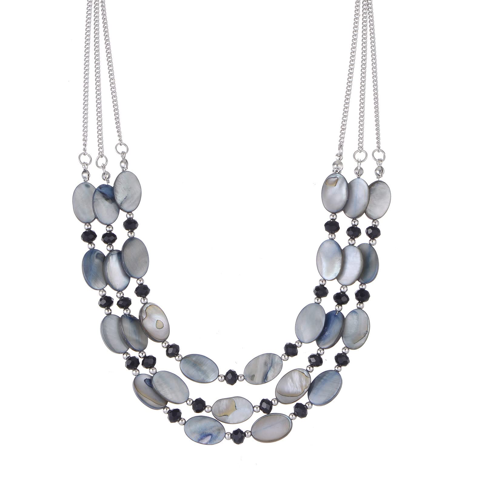 FULU AUTUMN Layered Statement Chunky Necklace for Women Beaded Costume Silver Necklace with Shell Beads Valentines Birthday Gifts for Her(Black)