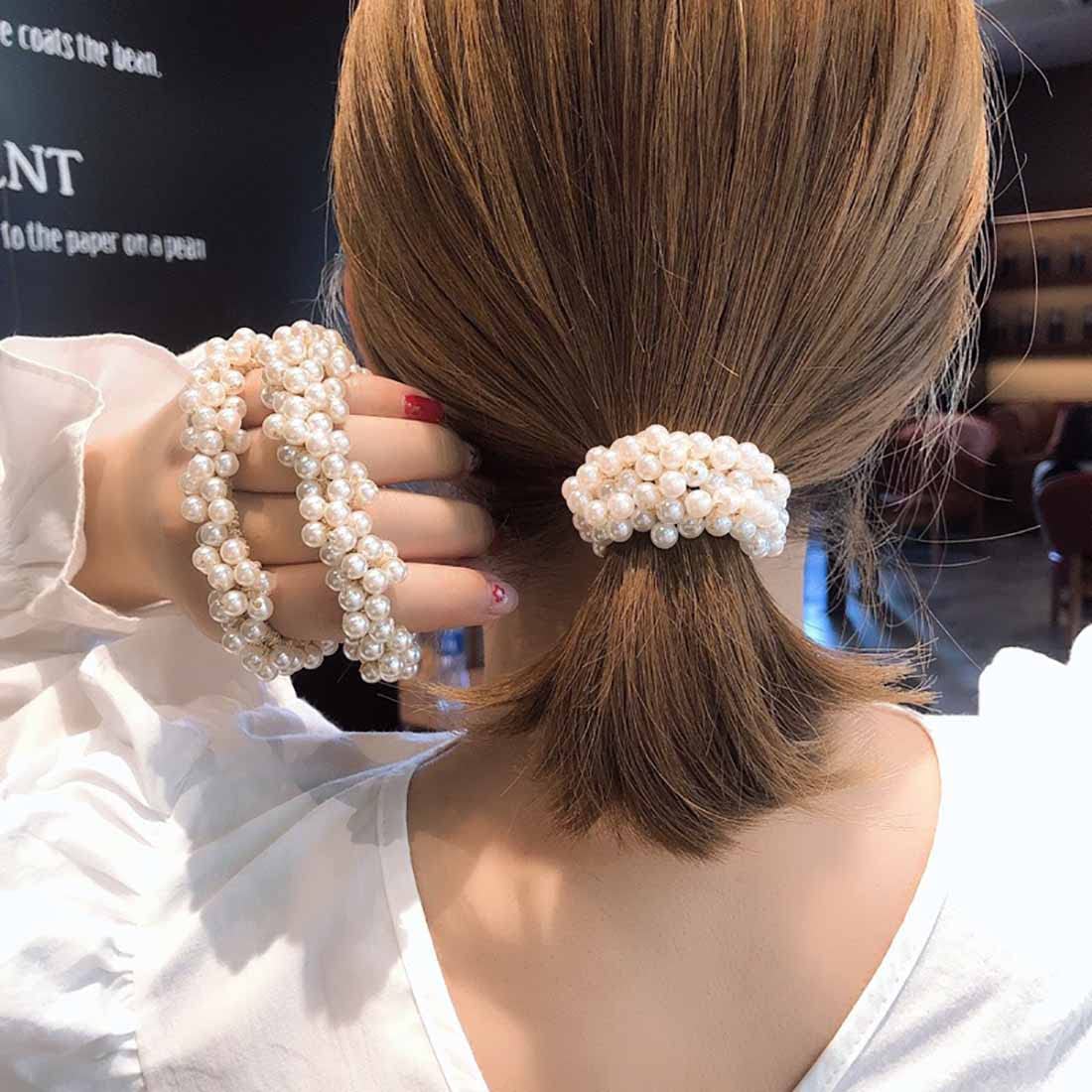 Prosy Pearl Hair Ties Champagne Elastic Hair Scrunchies Stretchy Hair Bands Bead Hair Ropes Hair Accessories for Women and Girls (Pack of 3)