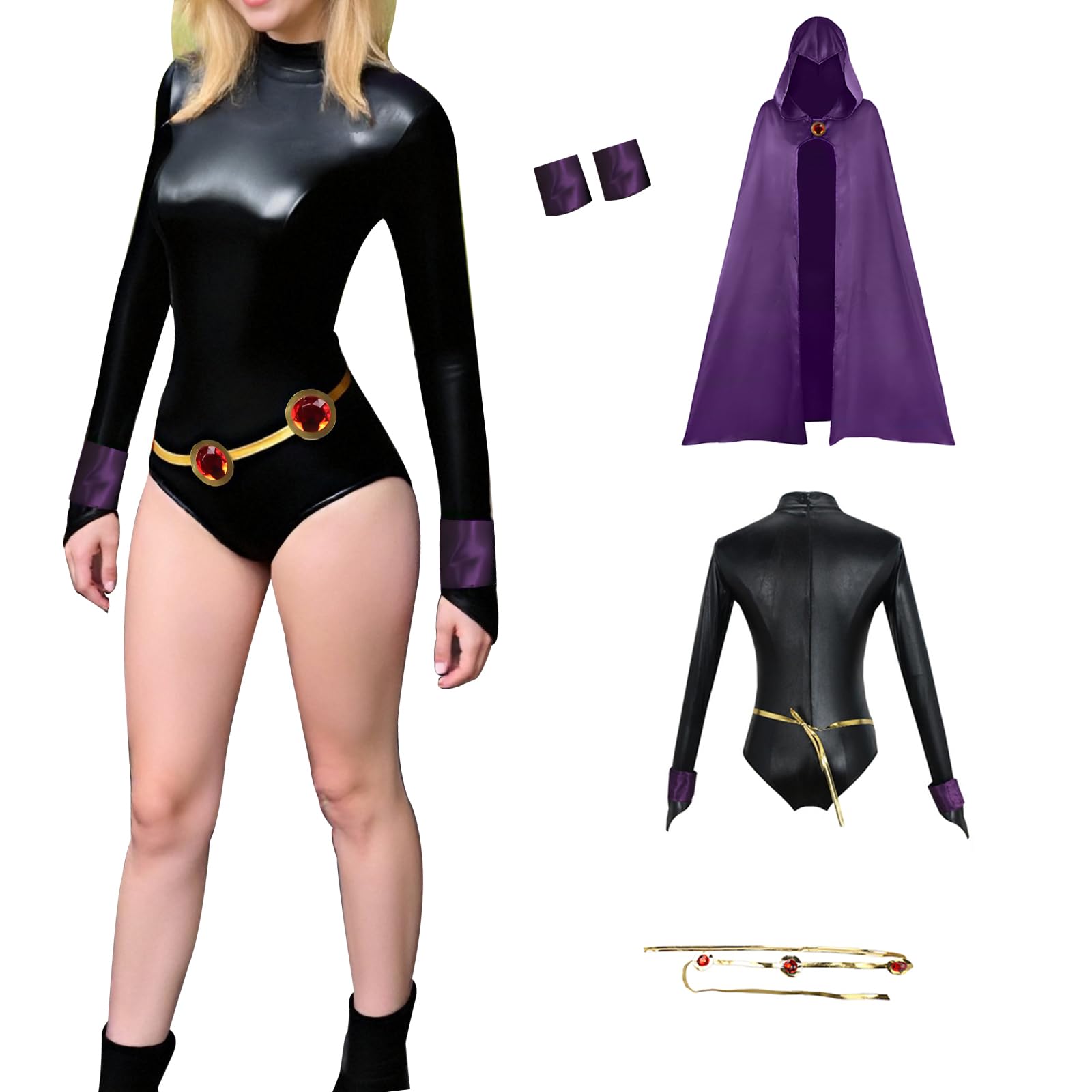 Photo 1 of **MISSING BODYSUIT*** Tokisaki Women's Purple Cosplay Costume Jumpsuit Hooded Cape Cloak with Red Gem Belt Halloween Bodysuit(M,W111-PURPLE)