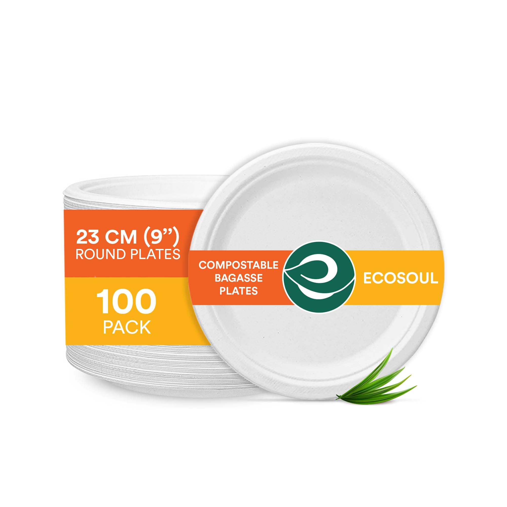 ECO SOUL Paper Plates (23Cm) 9" [100-Pack] Compostable Heavy Duty Biodegradable Sugarcane Bagasse Round Plates | Eco Friendly Disposable Plates for Dinner, Parties & Events