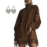 Women's Velvet Fringe Mini Dress, High-Neck Retro Western Style, Faux Suede Fringe Short-Sleeved Holiday Party Dress