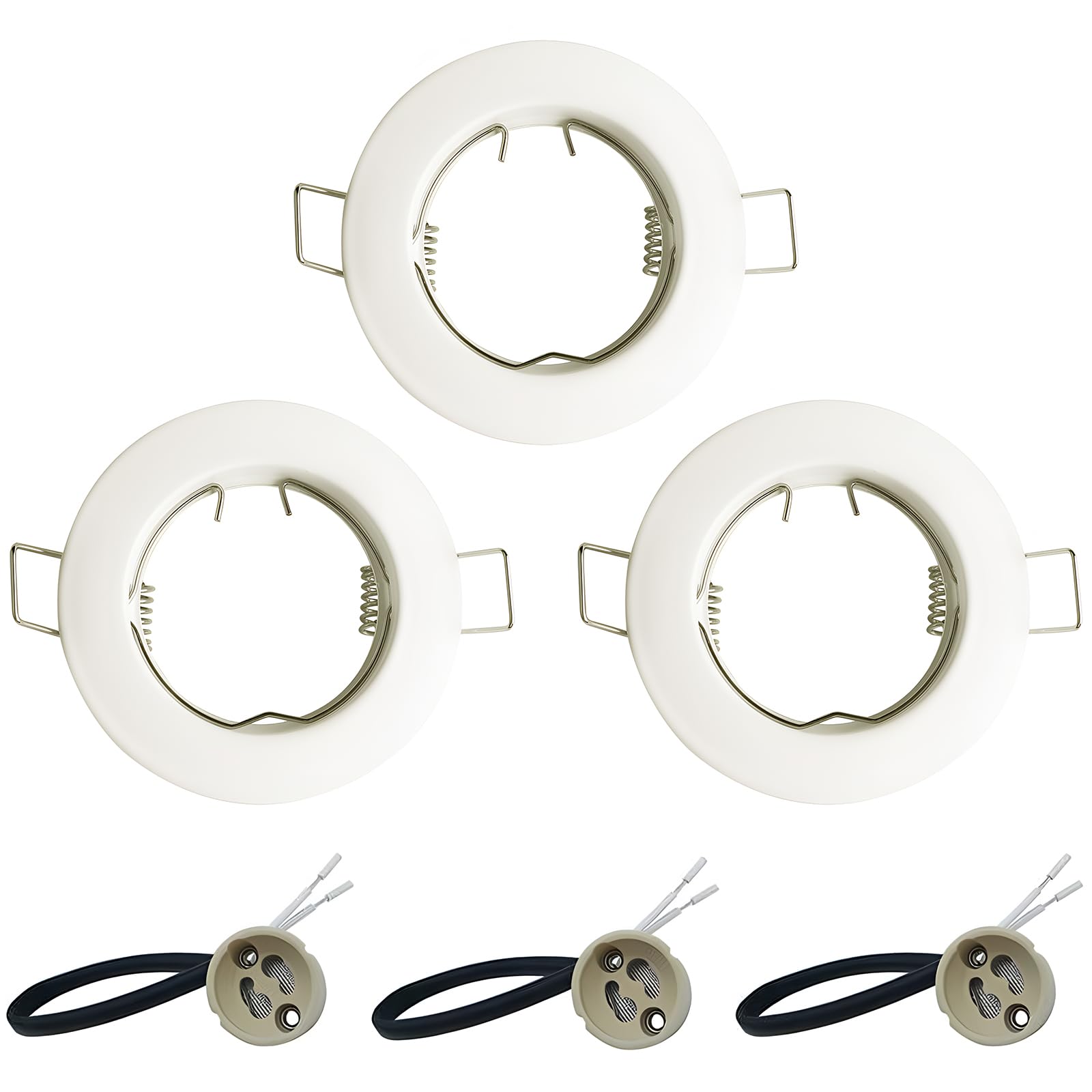 KingYH 3 Pack Round Recessed Spotlights Aluminum Downlight Bezel Trim Ring Fitting GU10 Light Mounting Frame with GU10 Lamp Holder for Ceiling Spotlight MR16 and 50mm Bulb Halogen Light Fitting White
