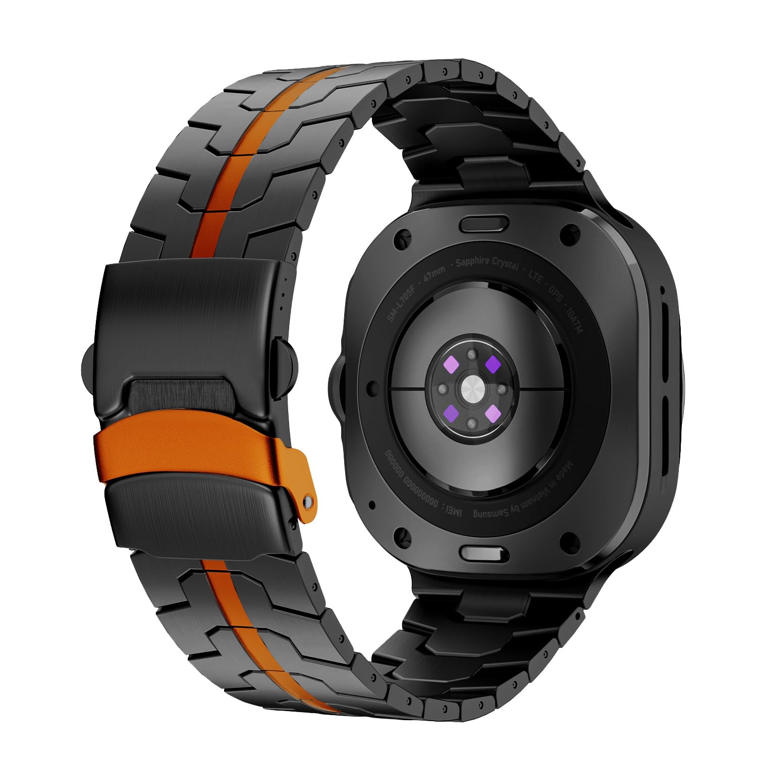 Photo 1 of BOVIPO Titanium Band Compatible with Samsung Galaxy Watch 7 Ultra 47mm, Solid Men Replacement Robust Metal Link Wristband (Black/Orange)
