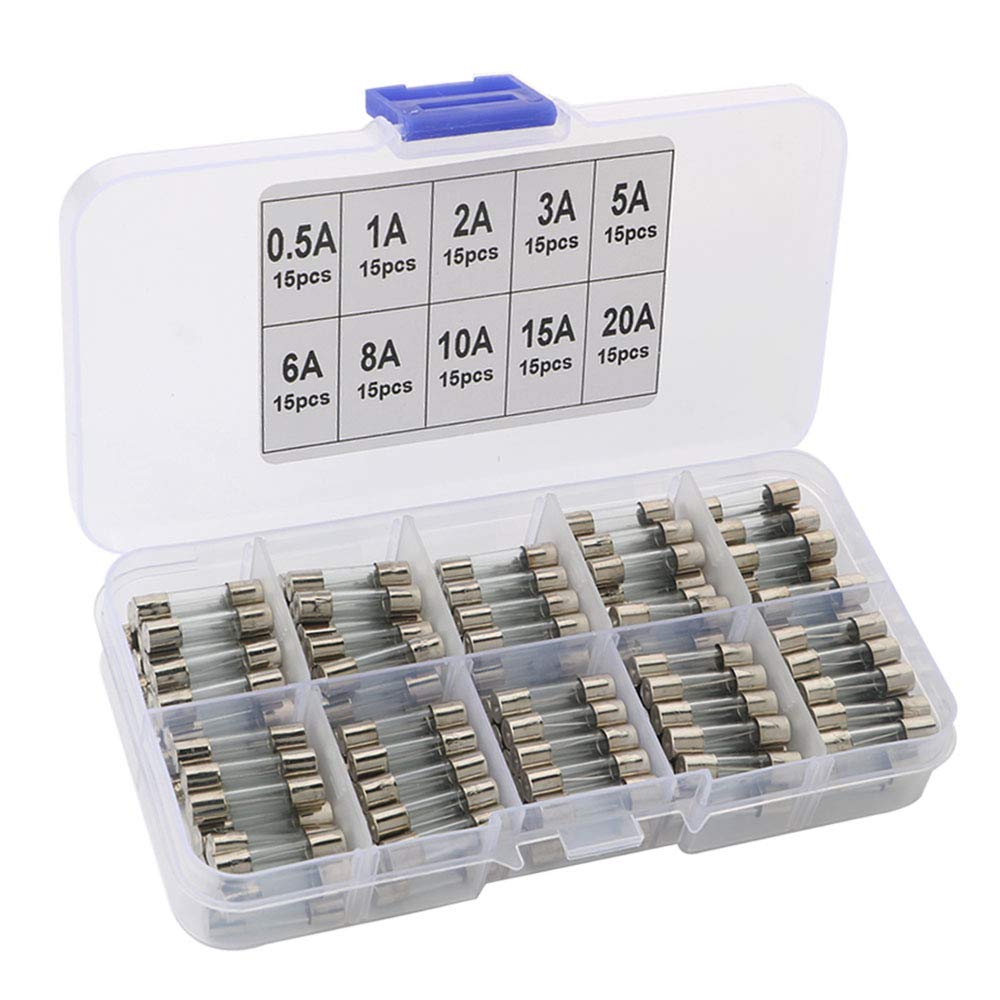 FULARR 150pcs 5x20mm Professional Car Glass Tube Fuse, Fast-Blow Fuses Set with Transparent Plastic Box, Fast Shot Glass Assorted Fuses Kit 0.5A, 1A, 2A, 3A, 5A, 6A, 8A, 10A, 15A, 20A