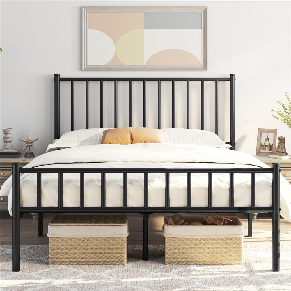 Yaheetech 14 Inch Queen Size Bed Frame Metal Platform Bed with Spindle Headboard Footboard/Mattress Foundation/No Box Spring Needed/Underbed Storage Space/Steel Slat Support/Easy Set up, Black Image