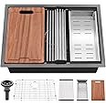 27 Inch Undermount Kitchen Sink Black-Bokaiya 27x19 Black Stainless Steel Undermount Workstation Sink 16 Gauge Deep Single Bowl Kitchen Sinks with Cutting Board