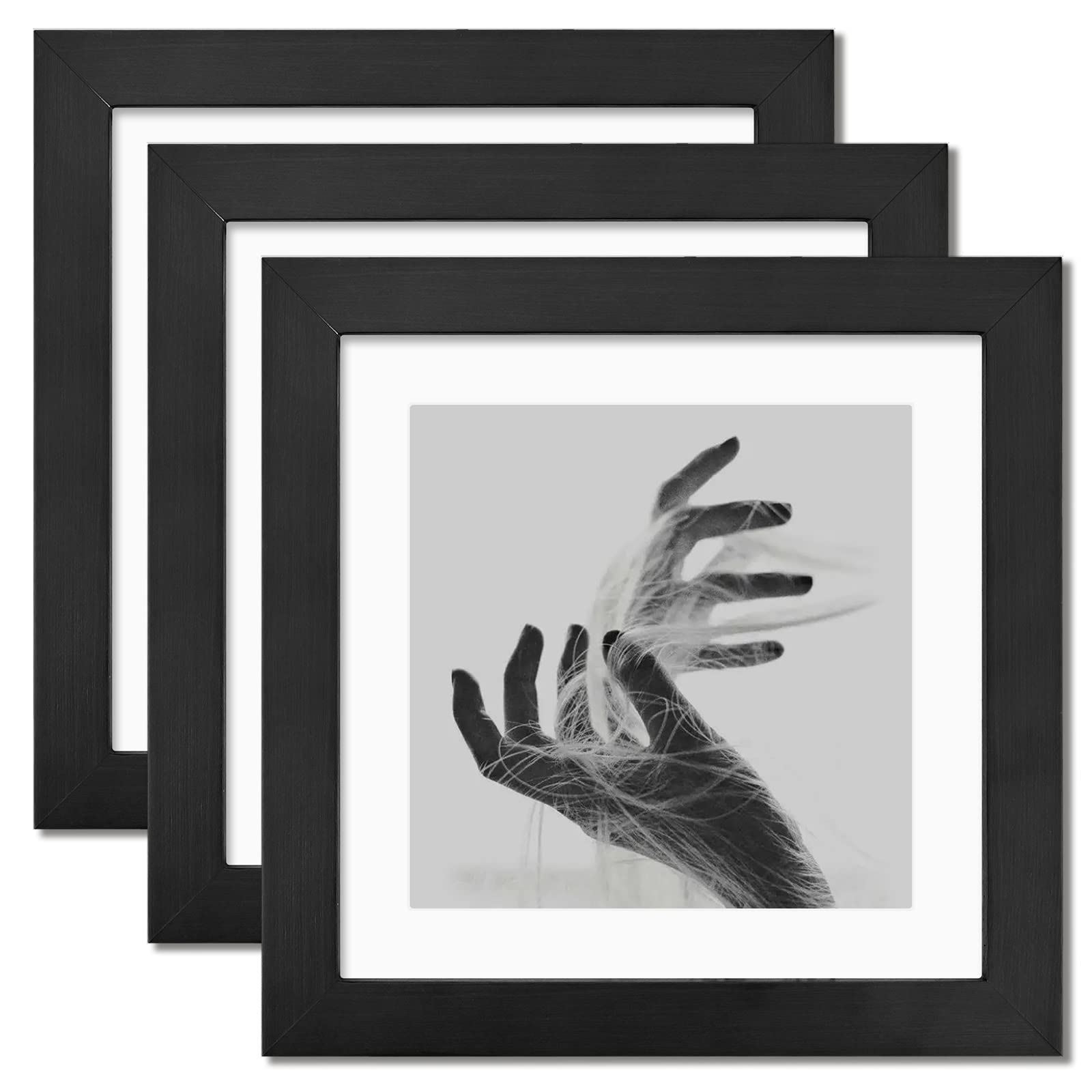 8x8 Photo Frame Set of 3, Solid Wood Square Picture Frames, with Mounts Freestanding and Wall Mounting 2 in 1, Ideal for Displaying 8” Photos, Collages, Portraits (Black)
