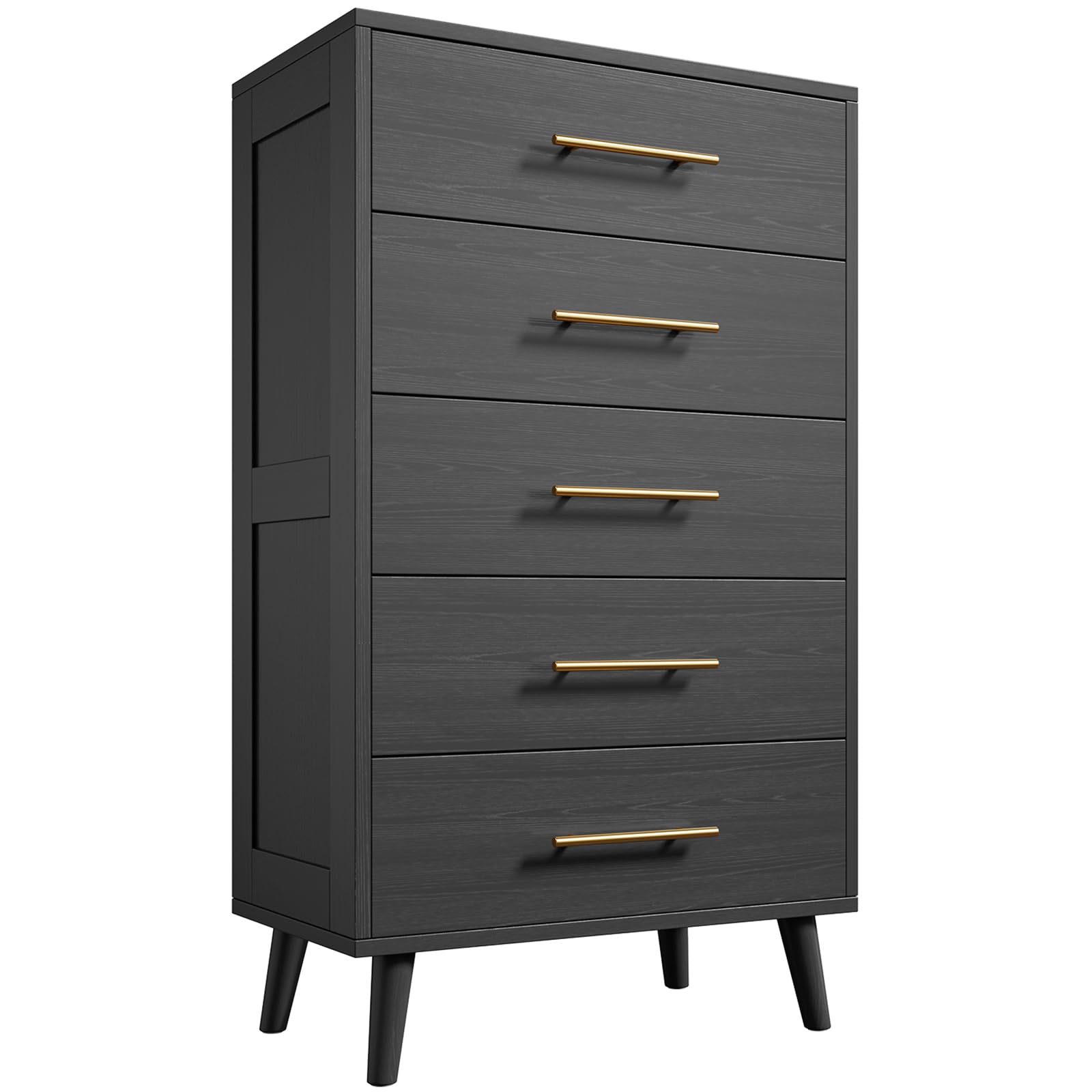 Photo 1 of Aiho 5 Drawer Dresser, Tall Chest with Metal Handles, Wood Storage Organizer for Bedroom, Hallway, or Living Room, Black