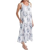 LA CERA Women's 100% Cotton Woven Sleeveless Floral Lace Yoke Gown 1211G