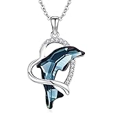 CRWENG Dolphin Necklace for Women 925 Sterling Silver Blue Crystal Heart Dolphin Necklace Animal Beach Jewelry Gifts for Women