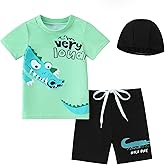YAGATA Toddler Boy Swimsuit 3 Piece Boys Swim Set Short Sleeve Boys Swim Shirt Boys Swim Trunks Rash Guard Bathing Suits