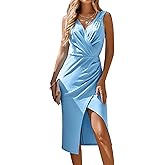 HJKOUYT Women's V Neck Midi Dress Summer Bodycon Ruched Sleeveless Formal Prom Cocktail Party Midi Dress