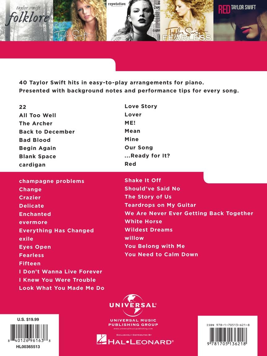 40 Taylor Swift Songs: Really Easy Piano | Sheet Music with Lyrics and Performance Tips | Beginner Pop Songbook for Piano Players | Really Easy Piano ... Hal Leonard (Really Easy Piano; Hal Leonard) 40 Taylor Swift Songs: Really Easy Piano | Sheet Music with Lyrics and Performance Tips | Beginner Pop Songbook for Piano Players | Really Easy Piano ... Hal Leonard (Really Easy Piano; Hal Leonard) Pa