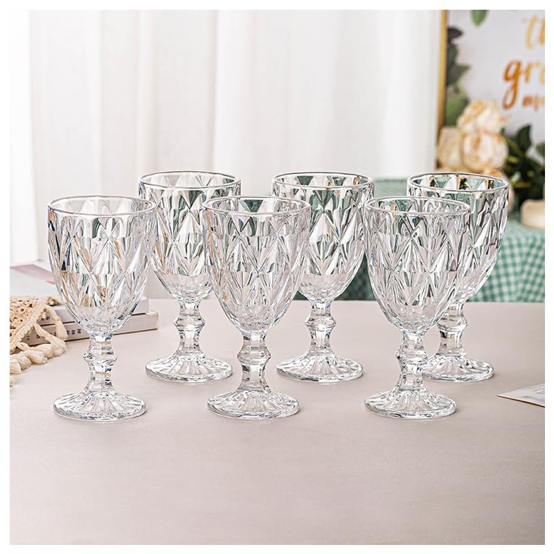 Photo 1 of Vintage Wine Glasses Set of 6, Plastic Reusable 12 Ounce Colored Water Goblets, Unique Embossed Pattern Unbreakable Stemmed Wine Glasses High Clear Wedding Party Bar Drinking Cups Clear