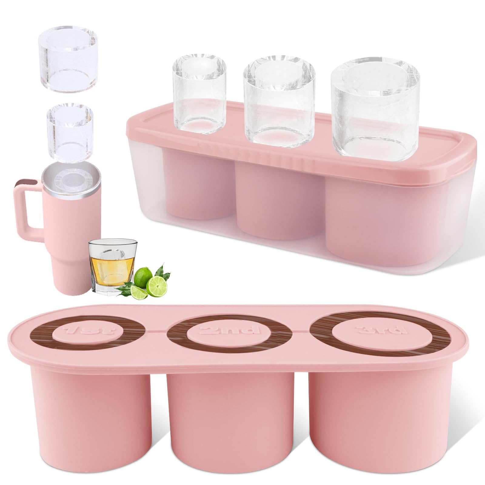 WUJUN Ice Cube Tray for Stanley Cup 20-30Oz Tumbler Cup, Silicone Ice Cube Moulds with Lid and Bin for Chilling Cocktails, Whiskey, Drinks, Coffee, Easy Fill and Release Ice Make (Pink, 30 oz)