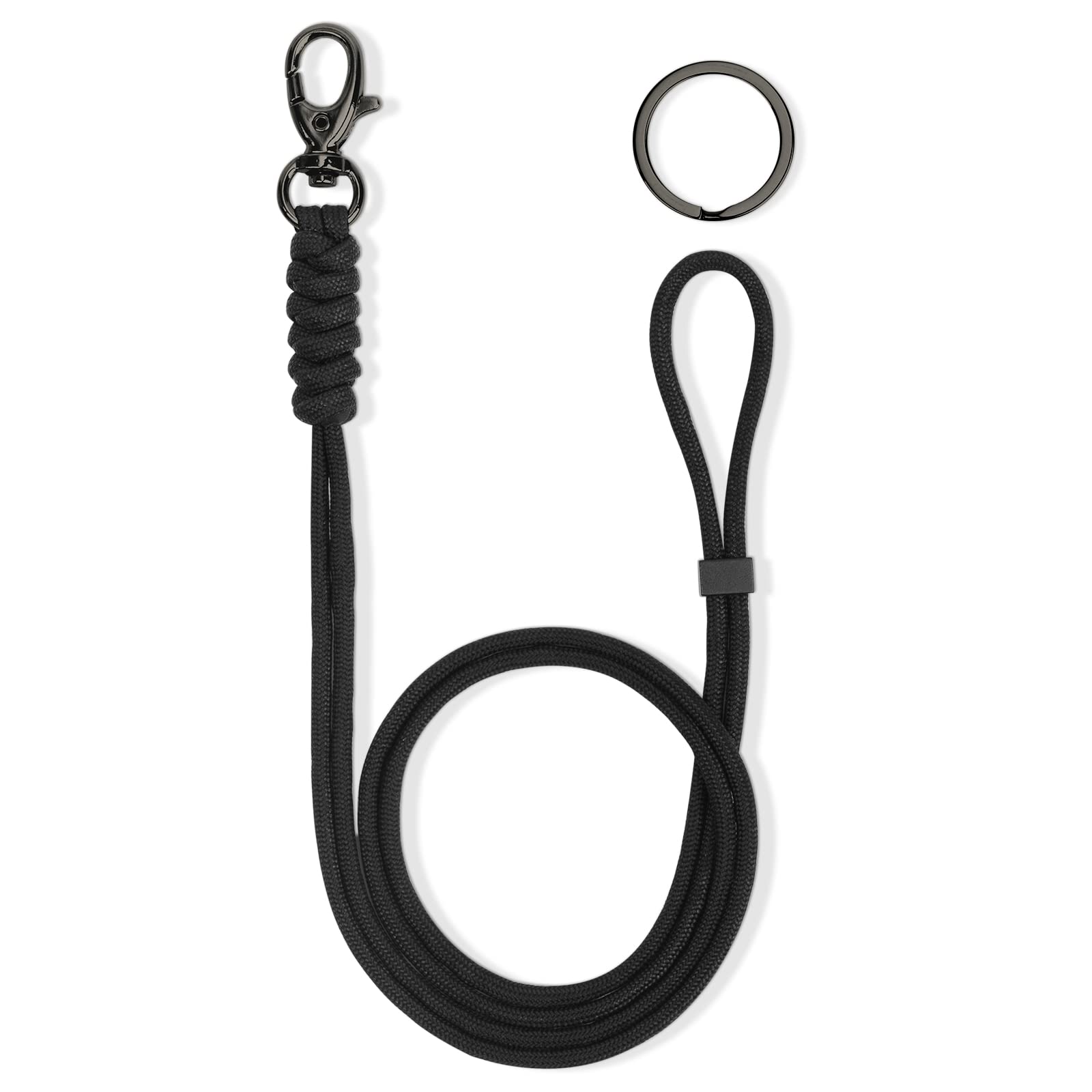 LIUGX Paracord Braided Lanyard for ID Badge Holder, Adjustable Length, Heavy Duty Neck Lanyard Keychain with Metal Clip Key Ring for Phone Wallet Key, Black With Gunmetal Clasp