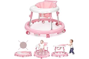 Wismind Baby Walker Foldable with 9 Adjustable Heights, Baby Walkers and Activity Center for Girls Boys Babies 7-18 Months, Baby Walker with Wheels Portable Anti-Rollover (Pink)
