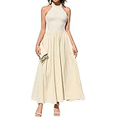 HTZMO Women Fall Knit Flowy Wedding Guest Maxi Dresses Sexy Backless Halter Neck Patchwork Cocktail Party Long Dress