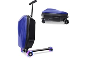 GHSY 20" Scooter Suitcase for Kids, 2-in-1 Ride On Luggage with Wheels for Boys & Girls Ages 4-15, Foldable Hardshell Carry On Lightweight Travel Suitcase for Airplane (With LED, Dark Blue)