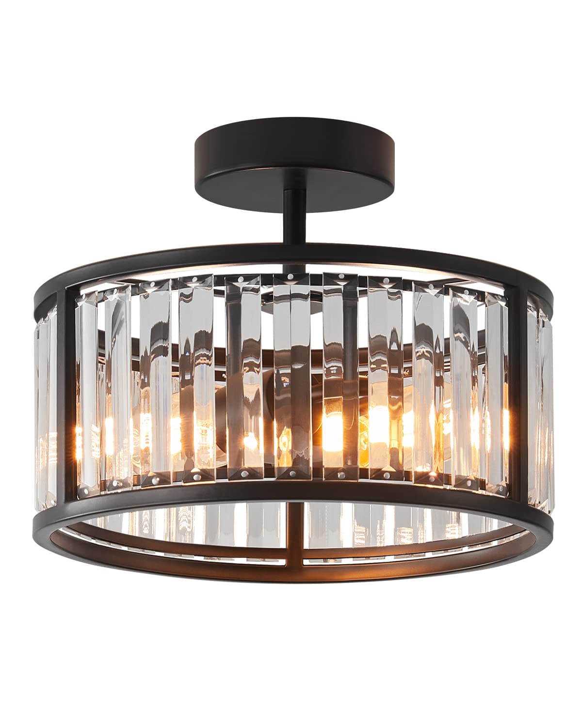 Photo 1 of Black Flush Mount Ceiling Light, 2- Light Caged Crystal Chandelier , Small Drum Hallway Light Fixtures Ceiling Mount (Black)