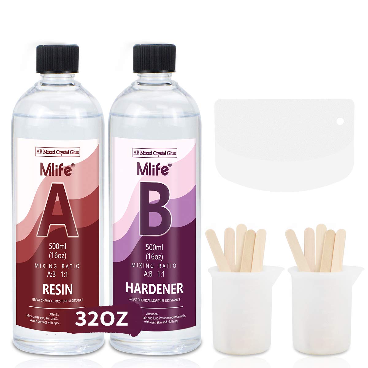 Epoxy Resin-1000ml/32oz Clear Crystal Resin Coating Kit,2 Part Casting Resin with Sticks, Graduated Cups and Plastic Scrapers for Art, Craft, Jewelry Making, River Tables