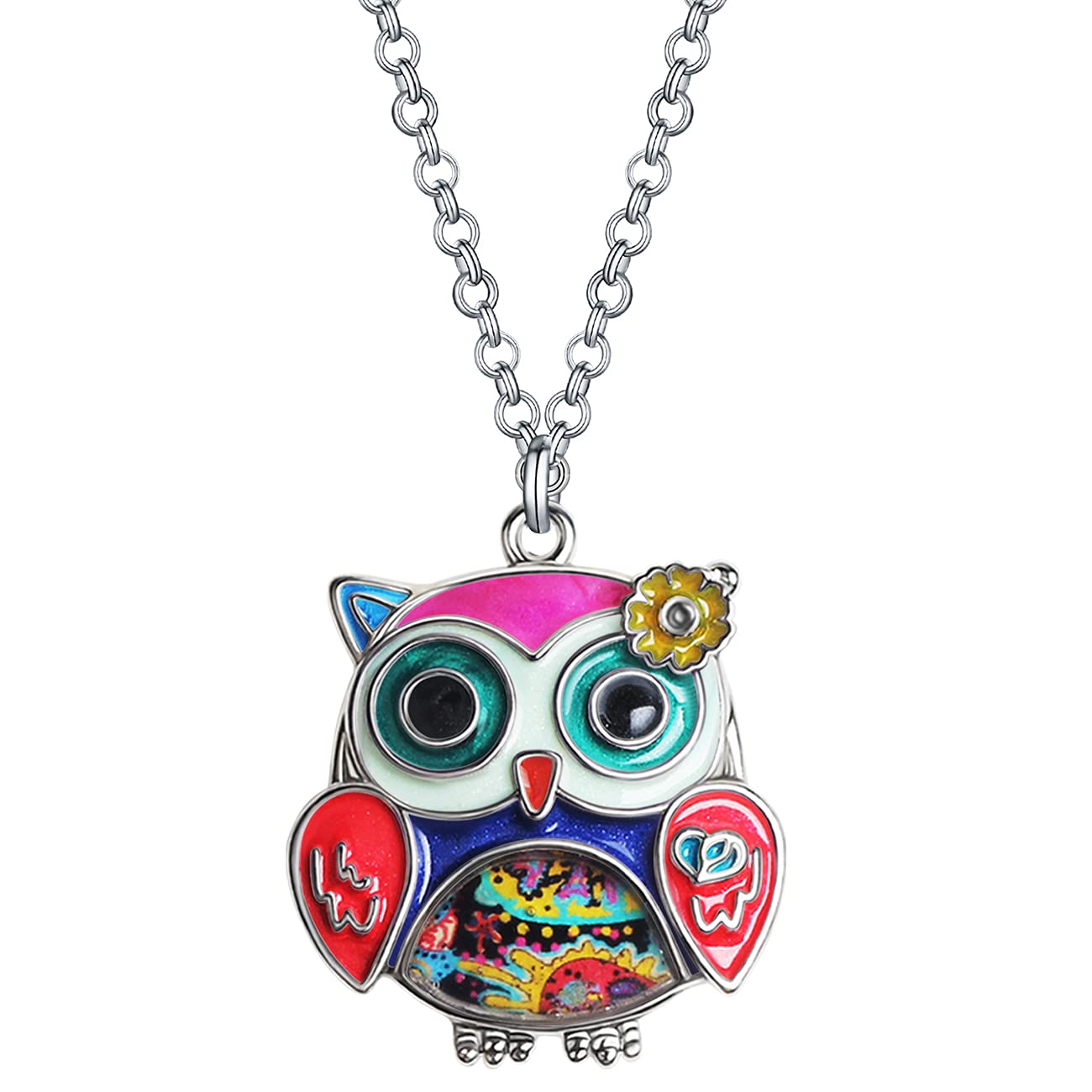 Enamel Alloy Anime Flower Owl Necklace Bird Pendant Fashion Jewelry For Women Girls Charm Gift (Multi)