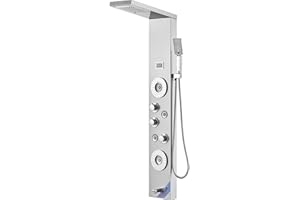 VEVOR Shower Panel System, 6 Shower Modes, LED & Display Shower Panel Tower, Rainfall, Waterfall, 4 Body Massage Jets, Tub Spout, Handheld Shower Head 59" Hose, Stainless Steel Wall-Mounted Shower Set