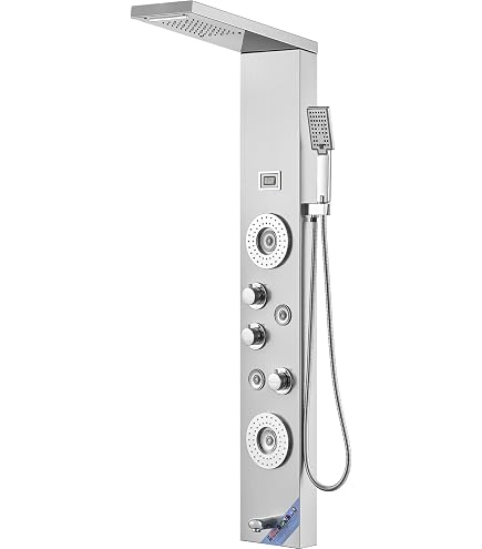 ROVOGO Shower Panel Tower System – 46.5” Stainless Steel With LED Lights, Rainfall/Mist Overhead, Body Jets, Handheld, And Tub Spout, Brushed Finish