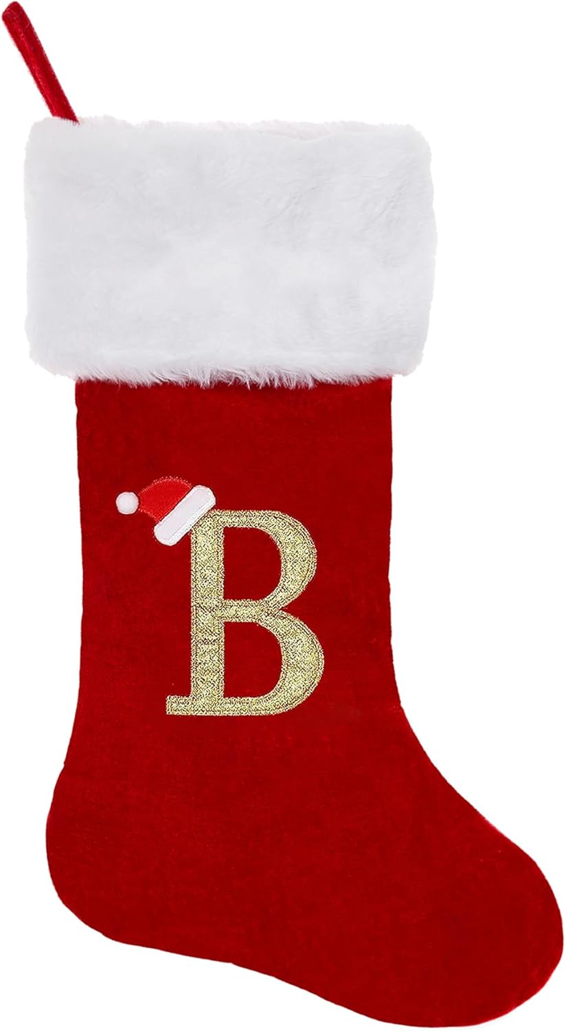 Stockings & Holders - CRSTAFU Personalized Monogram Christmas Stocking, 20 Inches Family Initial Xmas Stockings, Super Soft White Plush Cuff with Deluxe Red Velvet Body and Gold Letter(B)