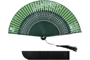 Raveahem Folding Silk Bamboo Hand Fan for men/women Chinese/Japanese Craft Handheld Fan for Gift,Dance,Festival,Club,Freaky,Event,Party,Decoration (Green)